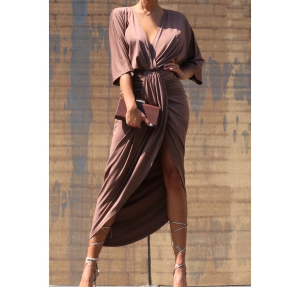 Mocha ruched midi dress